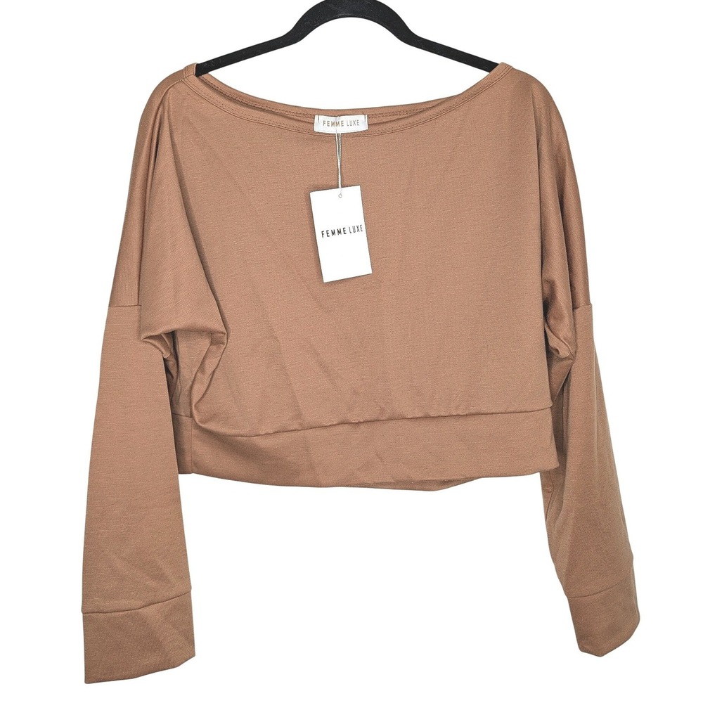 Femme Luxe Camel Off Shoulder Loungewear Top Cropped Long Sleeve XL Blake WBB88